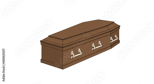  Wooden coffin illustration in brown with handles for funeral concept