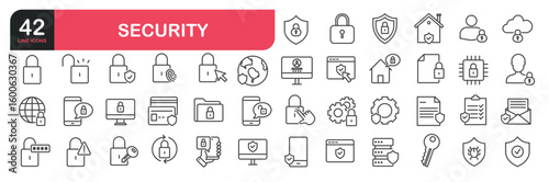 Set of line icons related to security, protection, lock, padlock. Outline icons collection. Editable stroke. Vector illustration