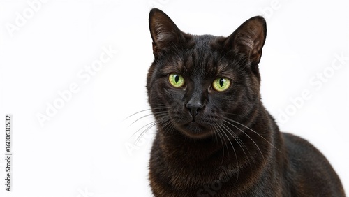 Close-up of a striking black feline with green eyes against a white backdrop