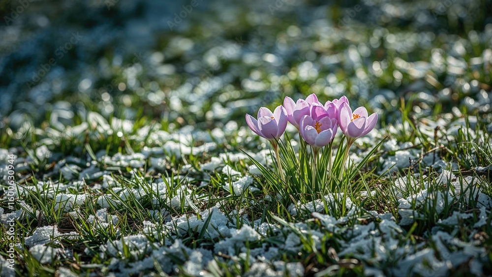 Obraz premium Bright crocuses and primroses bloom as winter fades