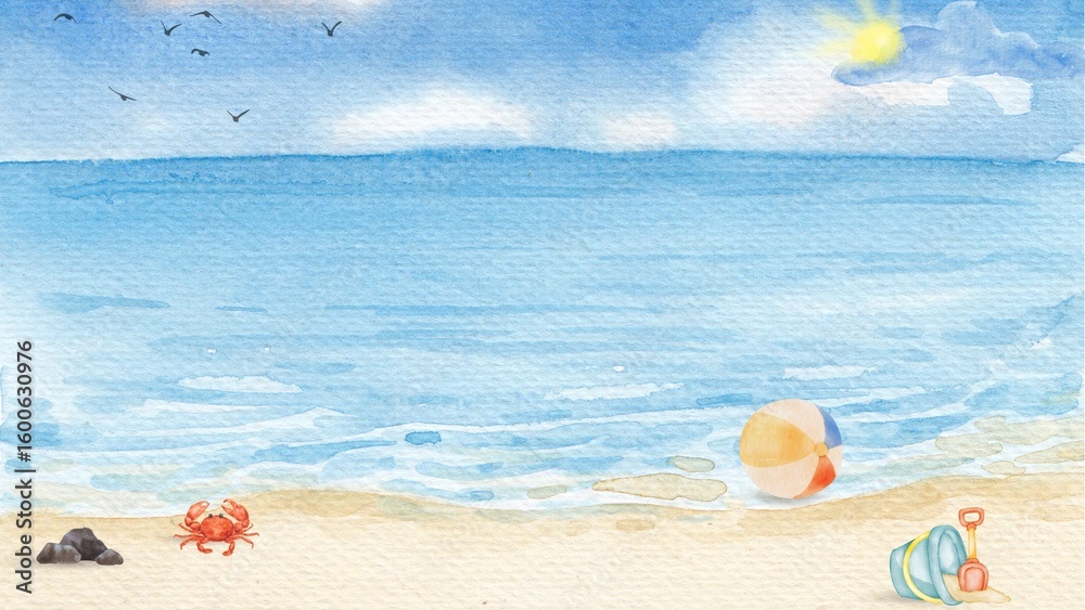 Obraz premium Hand-painted watercolor illustration of a peaceful summer day at the seaside with calm ocean waves, sand, and beach toys