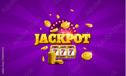 Casino jackpot win with golden coins, slot machine showing triple sevens and glowing purple background for gambling or reward concept