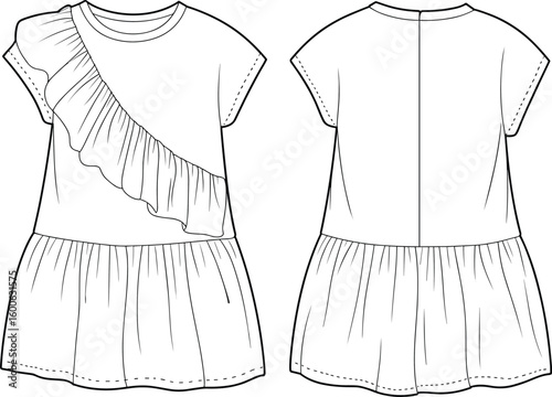 Girl's ruffle dress flat sketch with gathered skirt and short sleeves, front and back CAD vector illustration for apparel design