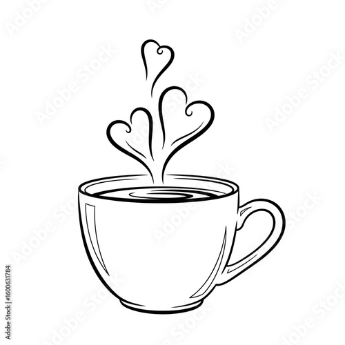 Simple black and white illustration of a steaming cup of coffee or tea.