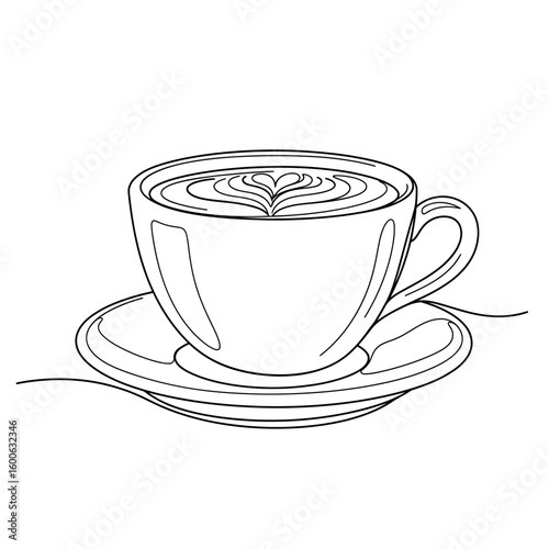 A line drawing of a coffee cup with latte art, resting on a saucer.