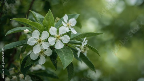 Nature background featuring white flowers and green leaves