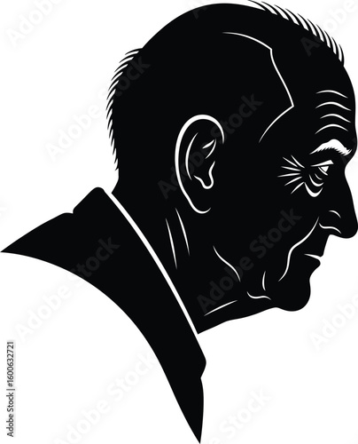 Vector art of a stark black silhouette of an elderly mans head in profile showcasing detailed wrinkles around his eyes and forehead conveying wisdom and experience isolated