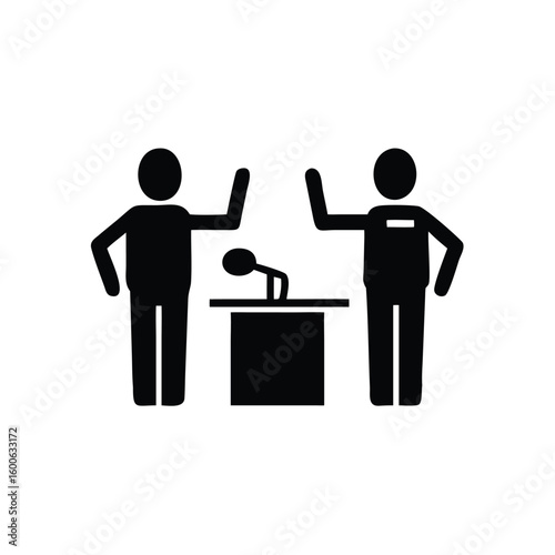 Two symbolic figures raise hands near a podium with microphone on a transparent background
