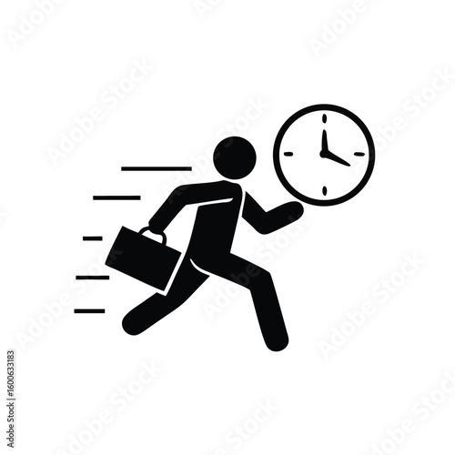 Silhouette man races with a briefcase against time; represents speed, transparent background