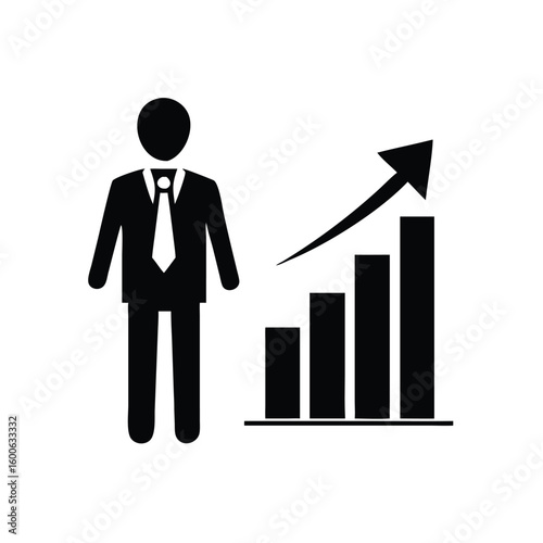 Pictorial man in suit alongside growth bar graph depicts advancement, isolated on transparent background