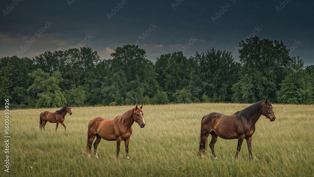 Fototapeta premium Purebred equines in a natural summer setting with lush greenery and scenic views