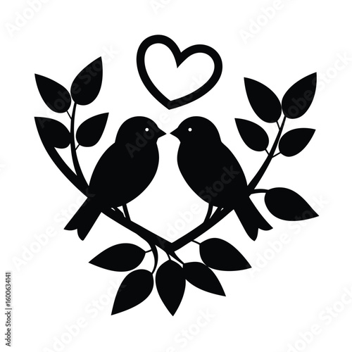 Two lovebirds on a branch with a heart