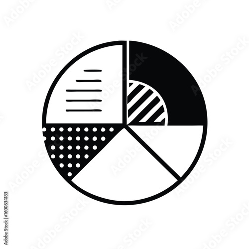 Detailed black and white pie chart shows diverse patterned segments, offering a simple, clean illustration