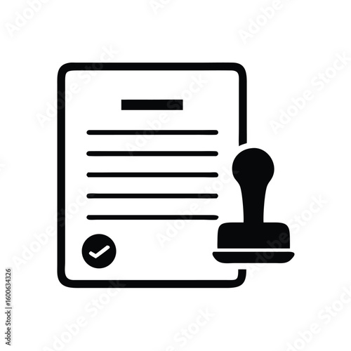 Black document icon receives approval with a solid rubber stamp, showing acceptance, transparent background