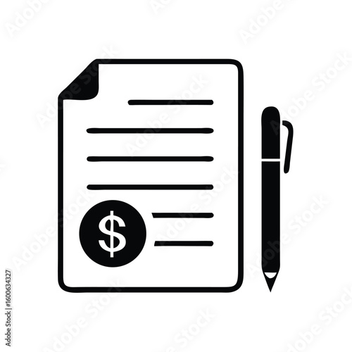 A document displays dollar currency with horizontal lines next to a pen, transparent background