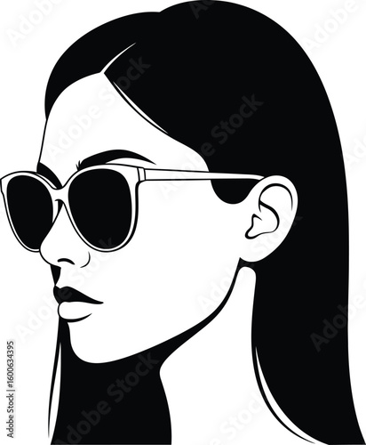 Vector art of a black silhouette of a womans profile wearing stylish sunglasses presented against a clean transparent background