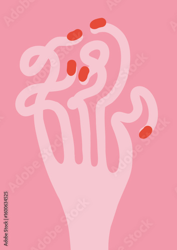 Hand With Wavy  Fingers and Minimalist Red Nails Poster Background. Modern Design Abstract Art