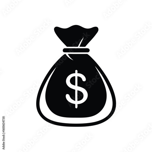 An isolated black money bag icon displaying the dollar symbol sits against a transparent backdrop