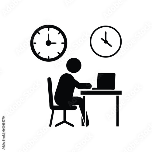Person diligently works at a desk with a laptop beneath ticking clocks in silhouette