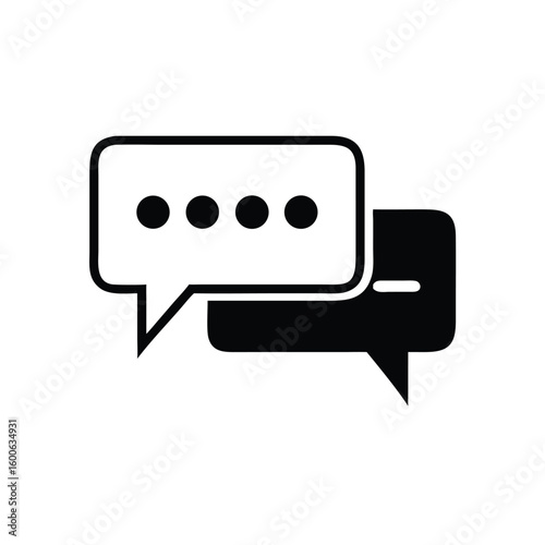 Two speech bubbles, one white with dots and one black with dash, stand transparently