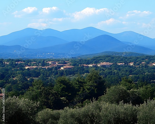 Lush green forest and houses nestled near the mountains