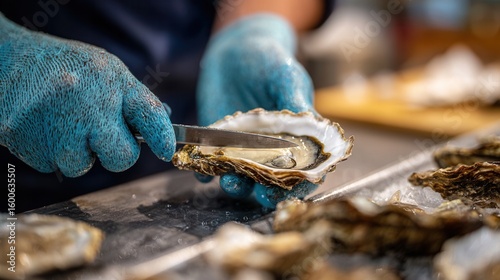 A person expertly shucking an oyster, capturing the detail of the action with gloves on