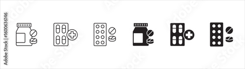 Medicine and pharmacy icon set. Drug pharmaceutical icon set. Icon symbol for supplement, vitamin, pills, tablet, bottle, remedy, capsule, prescription. Vector illustration