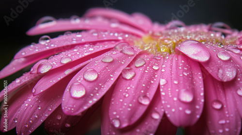 Close-up of a pink daisy covered in fresh morning dew drops.