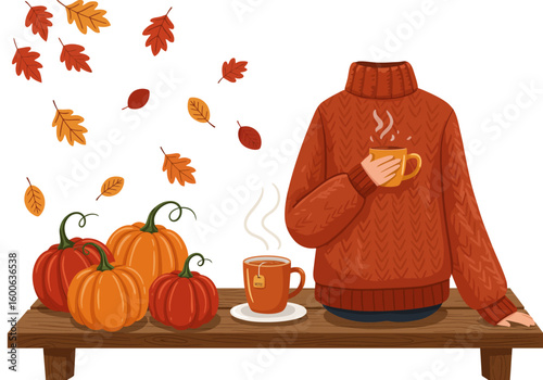 Autumnal Comfort: Person in Cozy Sweater with Hot Drink and Pumpkins