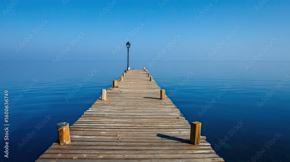 Fototapeta premium Wooden pier stretching into calm ocean, a serene escape into simplicity and peace