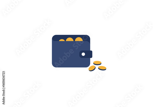 Flat Icon of a Dark Blue Wallet with Gold Coins Spilling Out