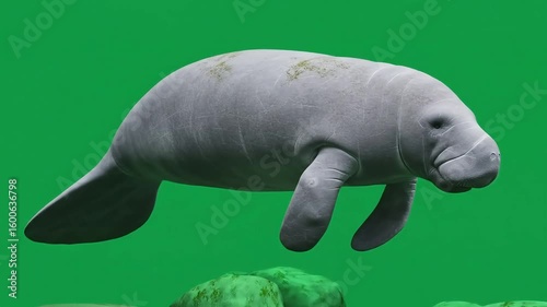 A gray manatee swims gracefully underwater algae spots on its back against a green backdrop