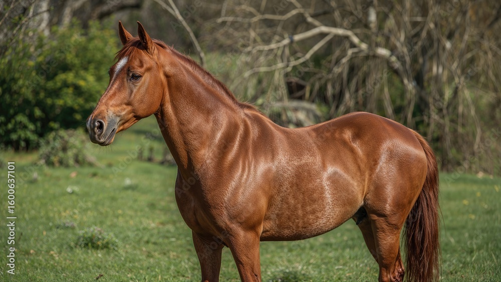 Fototapeta premium Photo of an elegant sorrel Arabian horse in open space