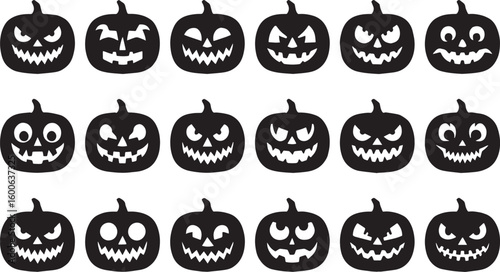 An array of halloween pumpkins with various carved faces in black silhouette against a white background