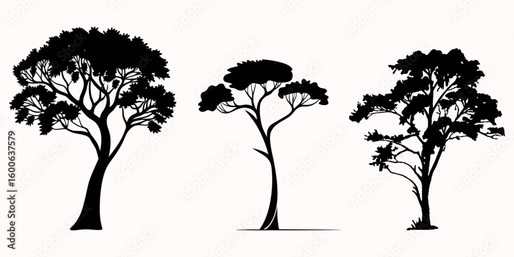 Fototapeta premium Silhouettes of various trees in a forest on white background. Vector illustration. 