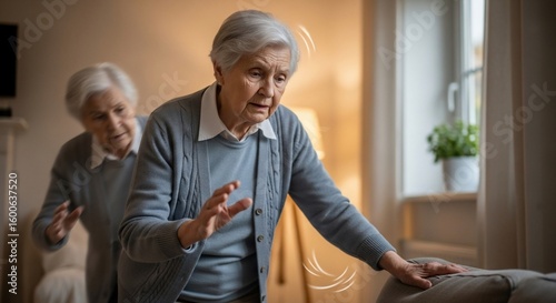 Elderly women experiencing dizziness, one leaning for support, indoors near furniture.