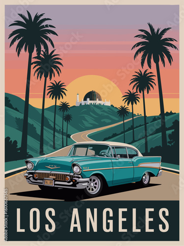 Mid-century modern vector travel poster of Los Angeles featuring a turquoise vintage car, palm trees, Griffith Observatory, and a sunset sky in retro 1950s California style