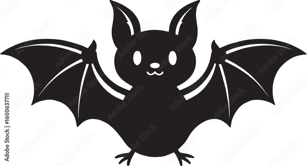 Obraz premium Illustration of a black bat with wings spread and a smiling face on a transparent background