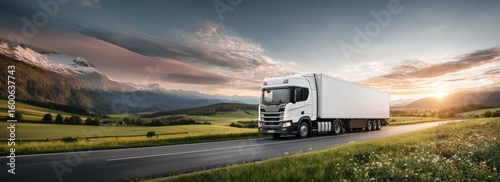 Tranquil Rural Landscape with Logistics Truck Passing Through, Soft Lighting and Wide Sky - Copy Space for Text