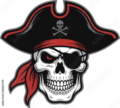 Illustration of a pirate skull with a black hat and red bandana on a white background