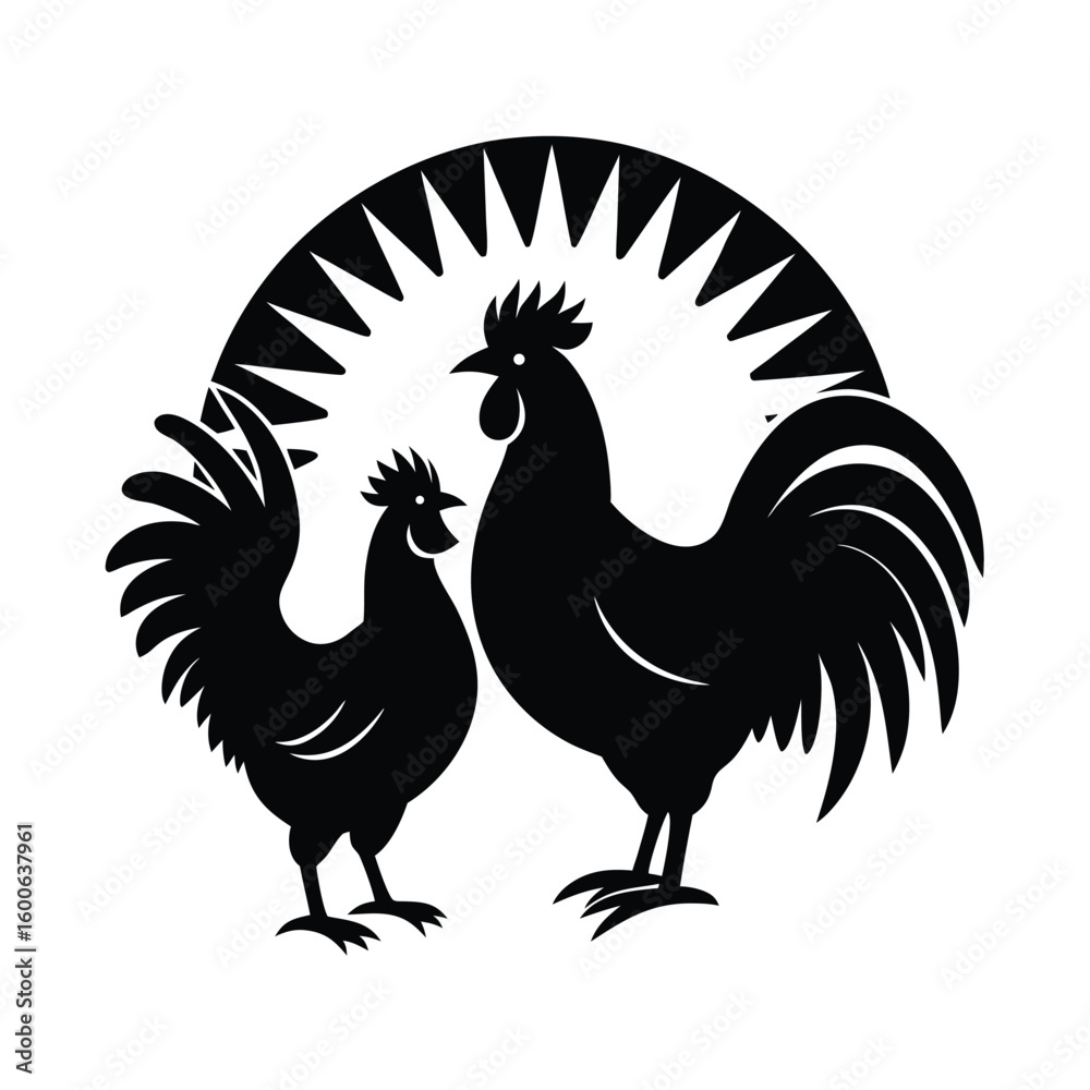 Fototapeta premium Two Roosters Crowing at Sunrise Silhouette