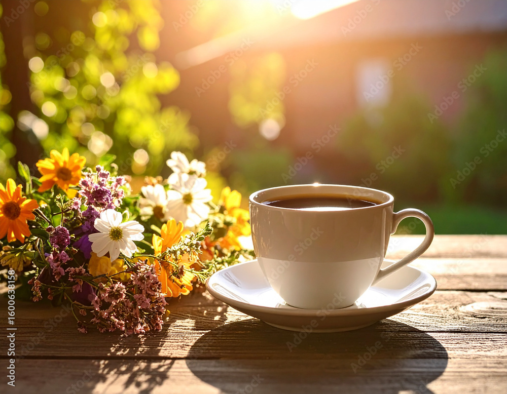 Fototapeta premium Ceramic Coffee Cup with Fresh Flower Arrangement