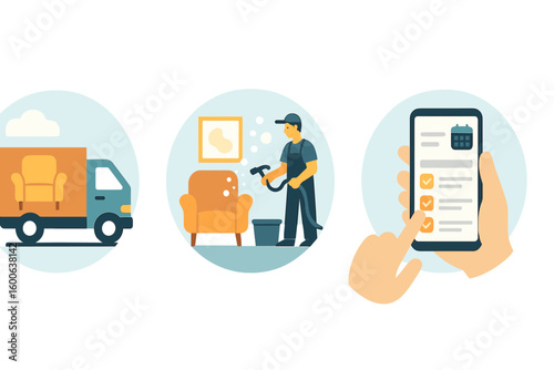 Cleaning furniture and scheduling service appointments with a mobile app at home