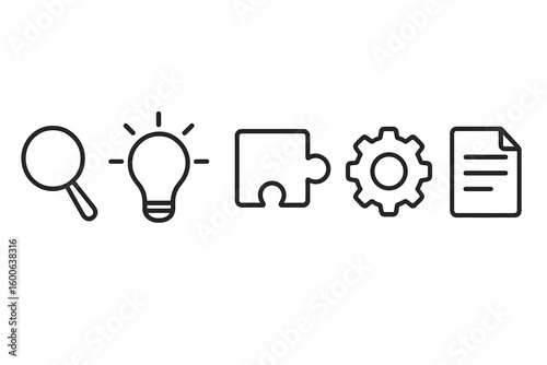 Symbols representing research, ideas, puzzles, development, and documentation in a minimalistic design