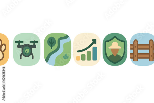 Symbolic icons representing nature conservation, outdoor activities, and sustainable management practices for park services