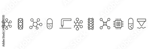Modern scientific icons depicting research themes in chemistry and technology on a light background