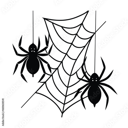 Black spiders and web vector illustration.