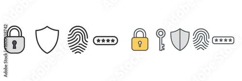 Visual representation of security elements including locks, shields, and fingerprints illustrating safety concepts and protection measures