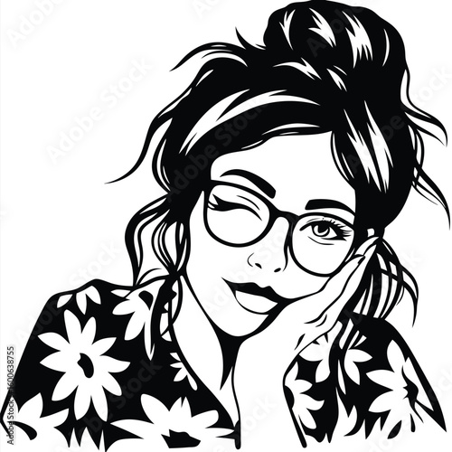 Winking woman with glasses wearing a floral shirt and her hand resting on her cheek