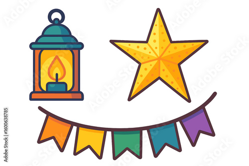 Decorative lantern and star with colorful bunting for festive celebrations and gatherings